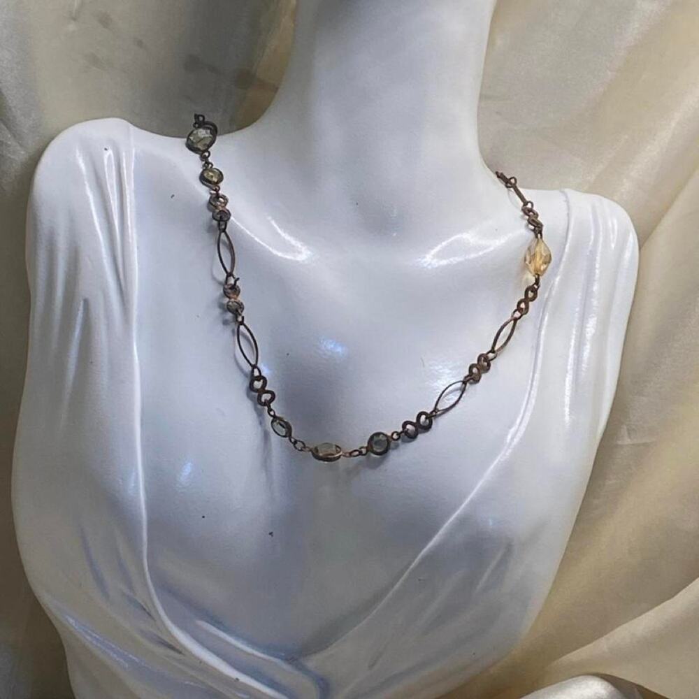 Vintage Long Bronze Tone Faceted Stone Station Necklace Openwork Links